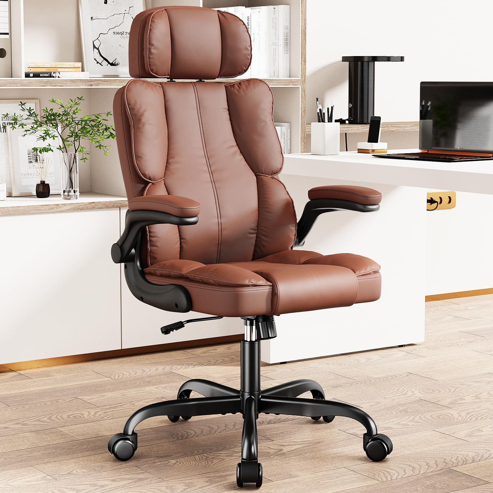 Photo 1 of ***MISSING BASE*** Kensaker Executive PU Leather Office Chair, Computer Chair with Thick Cushion & Lumbar Support, Ergonomic Desk Chair with Adjustable Headrest & Armrests,Brown