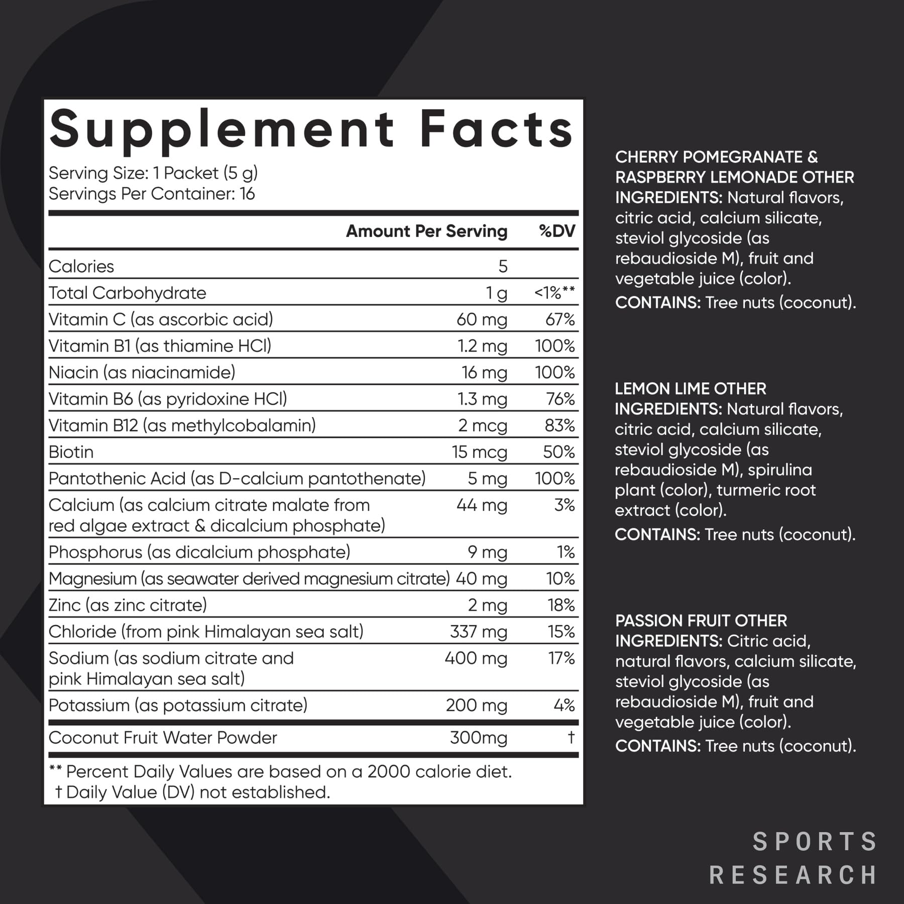 Sports Research® Hydrate Electrolytes Powder Packets - Sugar-Free & Naturally Flavored with Vitamins, Minerals, and Coconut Water - Supports Hydration - 16 Packets - Variety Pack