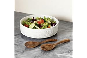 SEICASAYA Large Ceramic Serving Bowl 25cm Stone Texture Salad Bowl Set with Acacia Wood Utensils Durable Tableware for Family