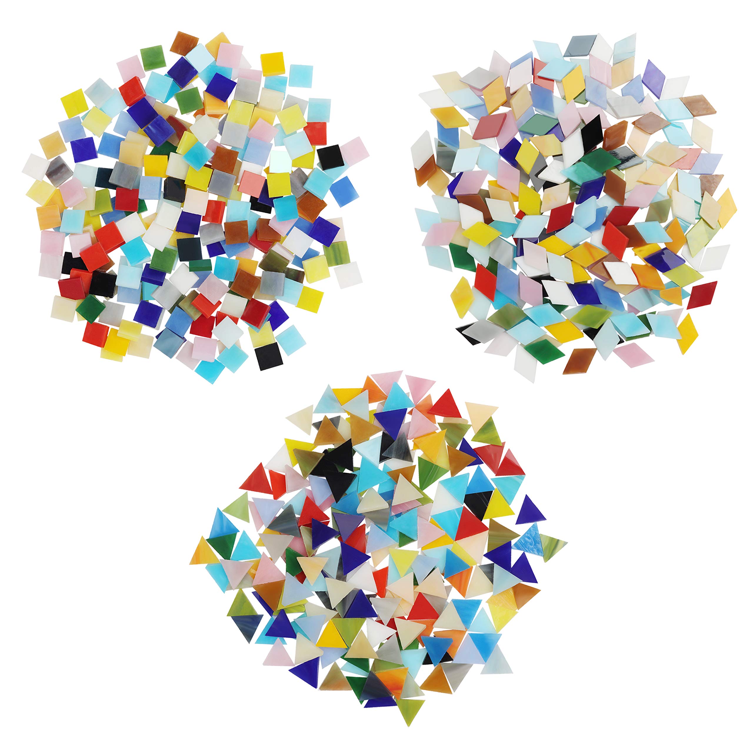 Belle Vous 600 Pack/480g Mosaic Mixed Coloured Tiles in 3 Shapes - Diamonds (2 x 1.2cm), Triangles (1.5 x 1.5 x 1.5cm) & Squares (1 x 1cm) - Assorted Stained Glass for Art & Crafts, Home Decoration