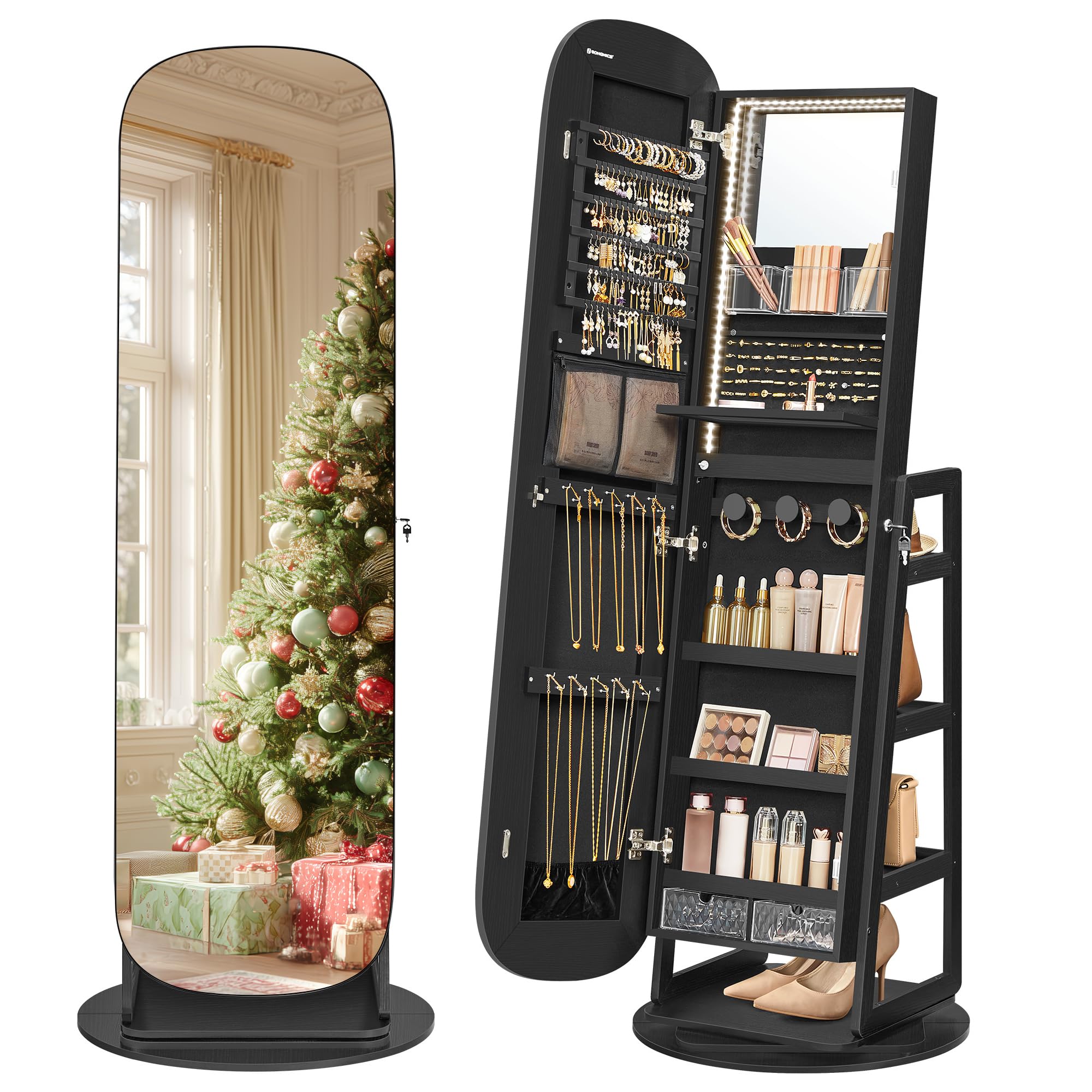 Photo 1 of ** MISING HARDWARE**
SONGMICS LED Jewelry Cabinet, 360° Swivel Jewelry Organizer, Lockable Mirror Jewelry Cabinet Standing, Rounded Wide Full-Length Mirror with Storage Shelves, Christmas Gifts, Ebony Black UJJC036B01