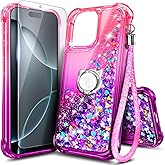 NGB Designed for iPhone 16 Pro-Max Case, Pink/Purple | Glitter Liquid Sparkle Cute Cover for Women Girls Kids | with Tempered Glass Screen Protector & Ring Holder & Wrist Strap