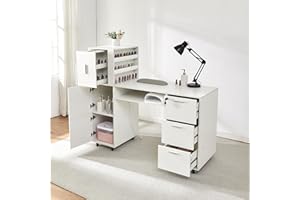 DUDUSHIMAN Manicure Table Nail Desk for Nail tech, 56 Inch Beauty Nail Table w/3 Cabinet+3 Drawers+3 Layers Open Cabinet+1 Open Drawer + 1 Power Outlet for Professional Salon Manicure Workstation