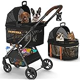 PAWZIDEA Pet Stroller 4 in 1, Foldable Cat Stroller with Detachable Carrier for Small Medium Dogs & Cats, Escape-Proof No-Zip Canopy, Lightweight Portable Travel Crate & Car Seat Combo, Storage Basket