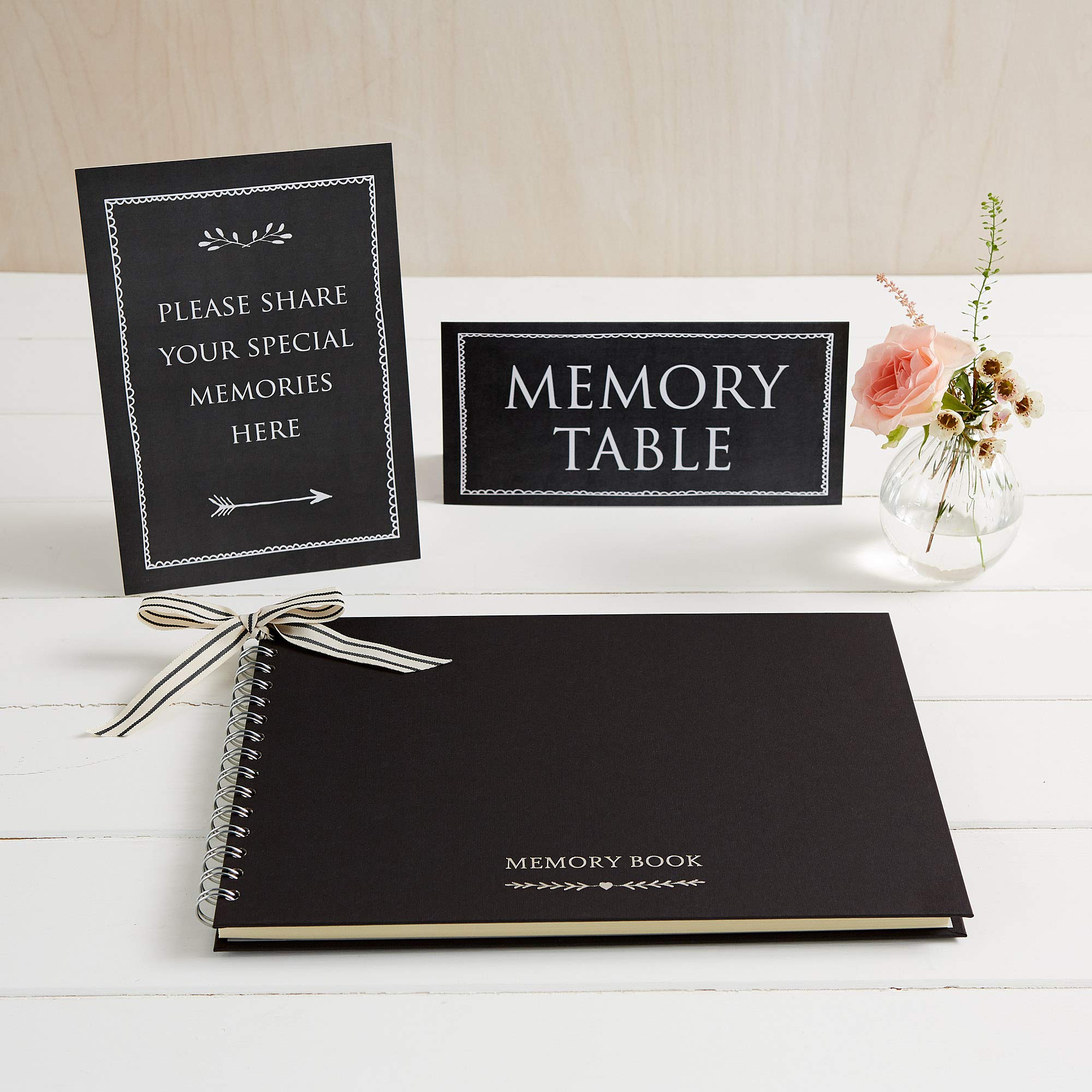 ANGEL & DOVE Luxury A4 Funeral Memory Book & 2 Signs Set (Black) - Condolence, Memorial, Celebration of Life