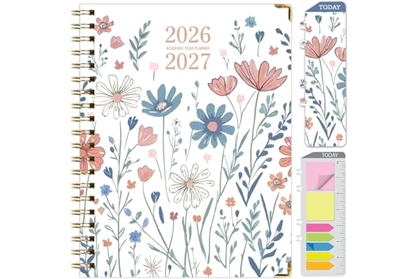 HARDCOVER Academic Year 2026-2027 Planner: 14 Months (May 2026 Through June 2027) 8.5"x 11" Daily Weekly Monthly Planner Yearly Agenda. Bookmark, Pocket Folder and Sticky Note Set (Colorful Botanicals)