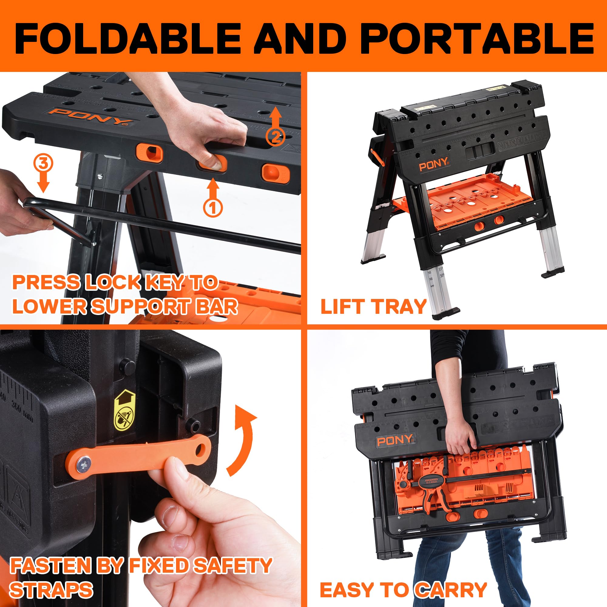 Pony Portable Folding Work Table, 2-in-1 as Sawhorse & Workbench, 31” W×25” D×25”-35”H, Large Load Capacity with 4pcs Clamps, 4pcs Bench Dogs