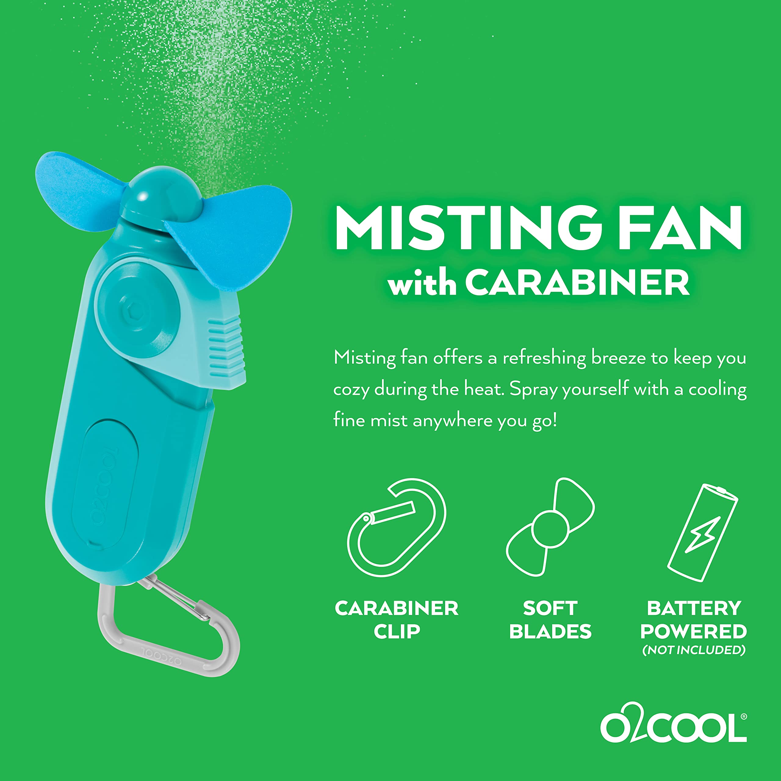 O2COOL Keychain Sport Misting Fan - Pocket Size Battery Powered Portable Handheld Fan With Carabiner Clip and Mister 2 Pack (Teal)