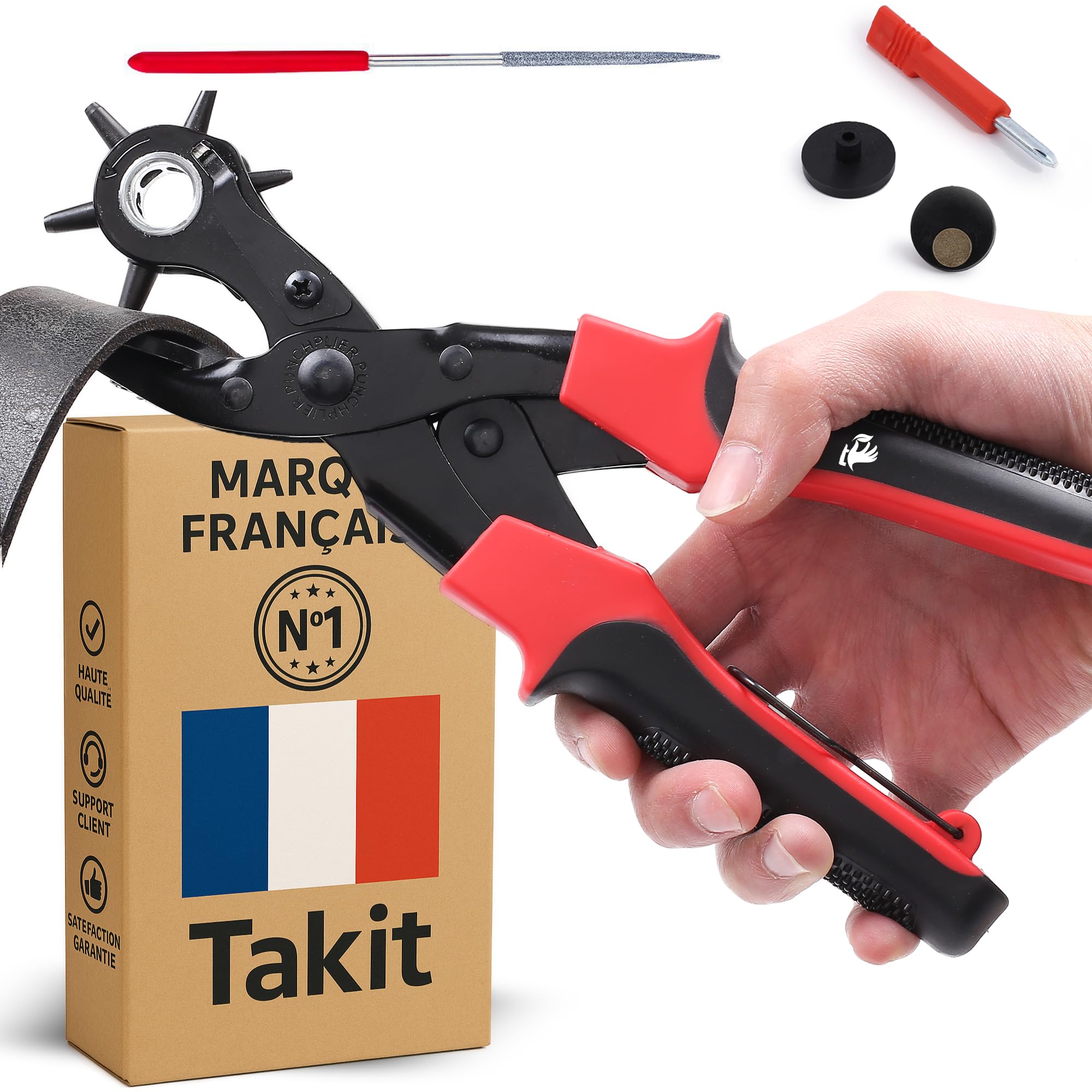 TAKIT Heavy Duty Leather Hole Punch, 6 Sizes- 2-4.5mm, Manganese Steel, Multi Settings for Belts, Purses, Watch Bands