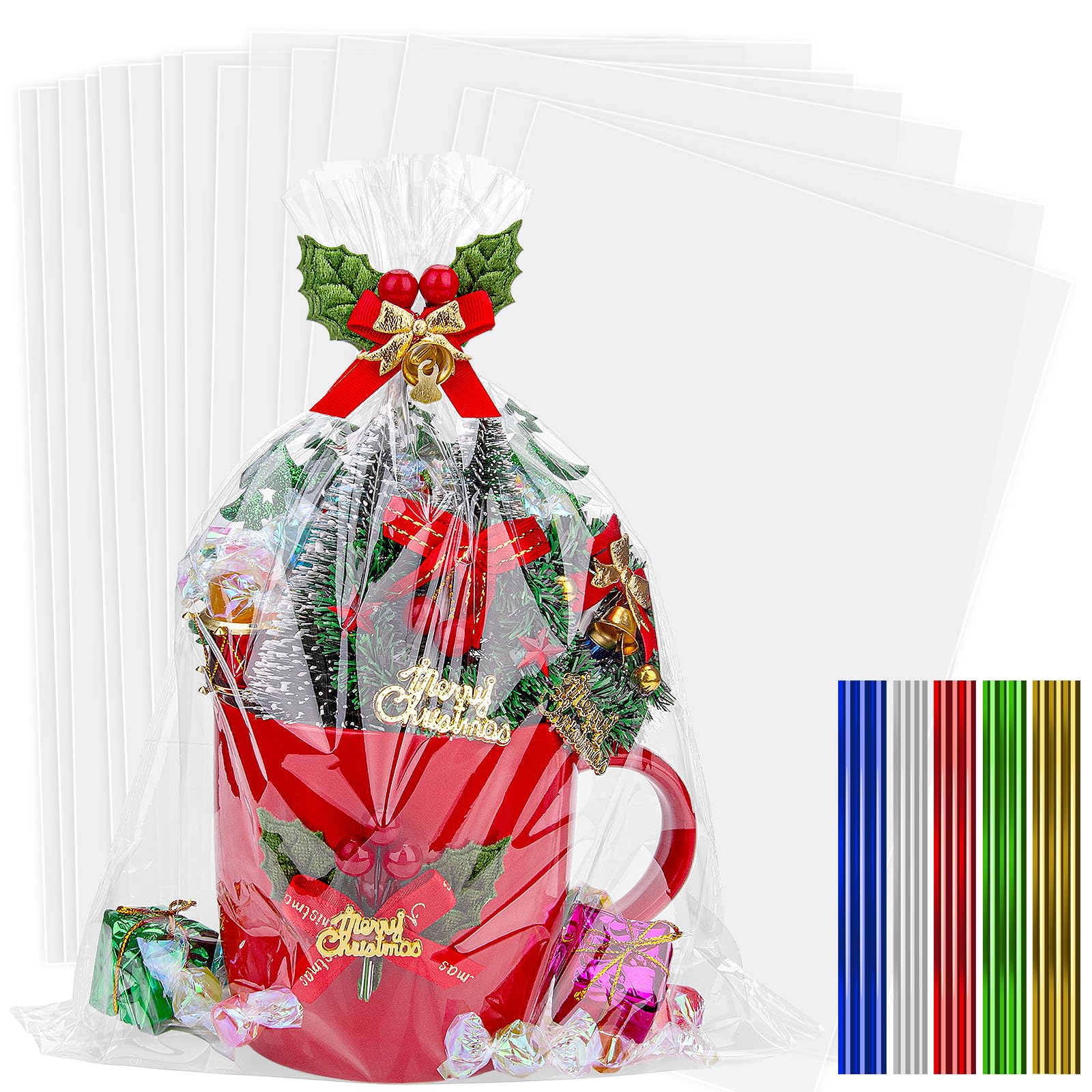 Photo 1 of 100pcs 11x14 Inch Clear Cellophane Treat Bags Goodie Bags Party Favors Gift Bags with 5 Color Twist Ties Cello Wraps for Candy, Cookies, Chocolate, Toy, Mug, Christmas Gift, Halloween, Easter, Wedding