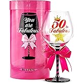 SAY HO UM 50 and Fabulous Birthday Wine Glass for Women | Fun Gift for Woman Turning Fifty Years Old | Mom, Best Friend, Aunt, Cousin, Co-Worker | Big 23 oz, 8.8 Inch Wine Glass
