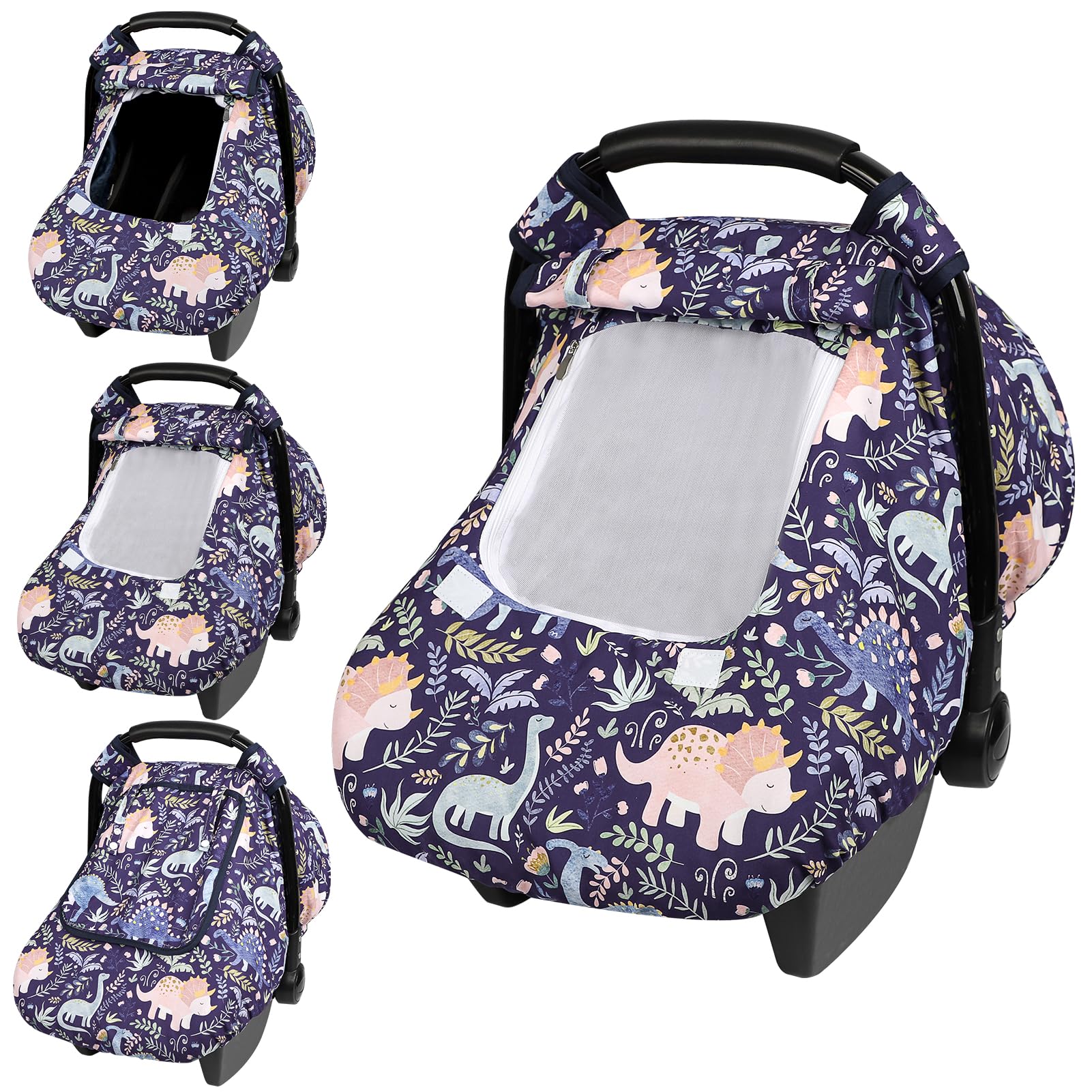 Photo 1 of Pea Pod Car Seat Cover Baby, Infant Car Seat Canopy Covers for Newborn with 2 Layers Windows of Breathable Mesh Fabric, Lightweight Polyester/Soft Minky Dot Backing (Dinosaur)