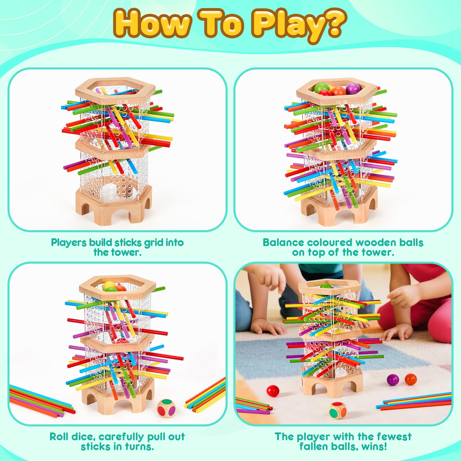 Montessori Spiel Brettspiel aus Holz, Spiele ab 4 Jahren, Holzspielzeug Kinderspiele Lernspiele ab 3 4 5 6 Jahren, 42 Bunte Holzstäbchen Lernspiele Reisespiel Würfelspiele Jungen Mädchen Geschenk 4