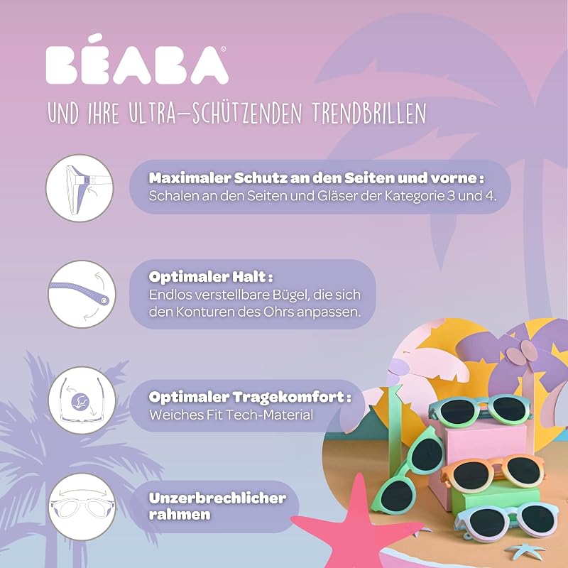 , Sonnenbrille für Babys von 9 bis 24 Monaten, 100% UV-Schutz – KAT. 3, Seitenschutz, optimaler Komfort, um 360° verstellbare Bügel, Neonrosa