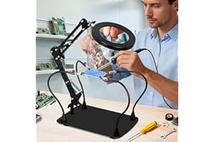 10X Magnifying Glass with Light and Stand, KUVRS Magnetic Helping Hands Soldering Station, PCB Holder Magnifying Lamp, 3 Color Adjustable Arm Hands Free Magnifier with Light for Soldering Craft Hobby