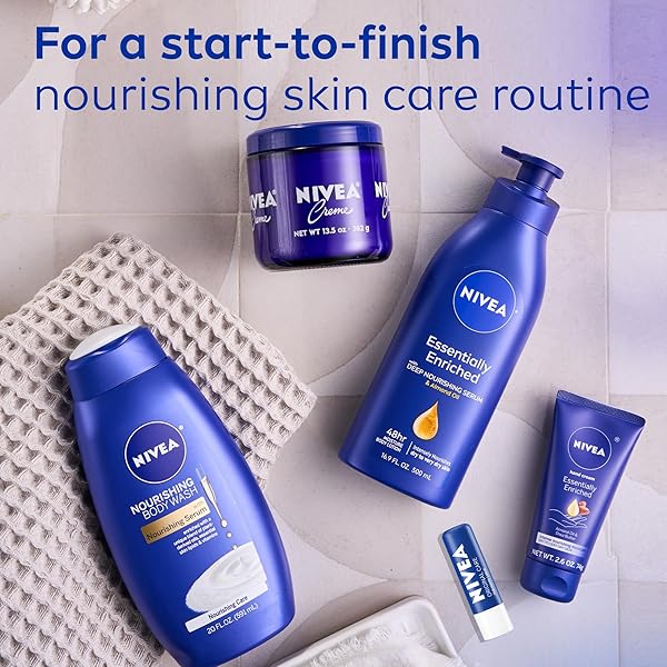 NIVEA ESSENTIALLY ENRICHED BODY LOTION FOR VERY DRY SKIN WITH HYALURONIC ACID, ALMOND OIL AND DEEP NOURISHING SERUM, 72-HOUR BODY MOISTURIZER, 16.9 FL OZ PUMP BOTTLE, PACK OF 2