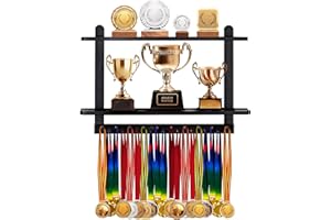 LAVIEVERT Wooden Medal Hanger & Trophy Shelf, Wall-Mounted Race Display with 2 Tier Storage Shelf and 19 Hanging Bars