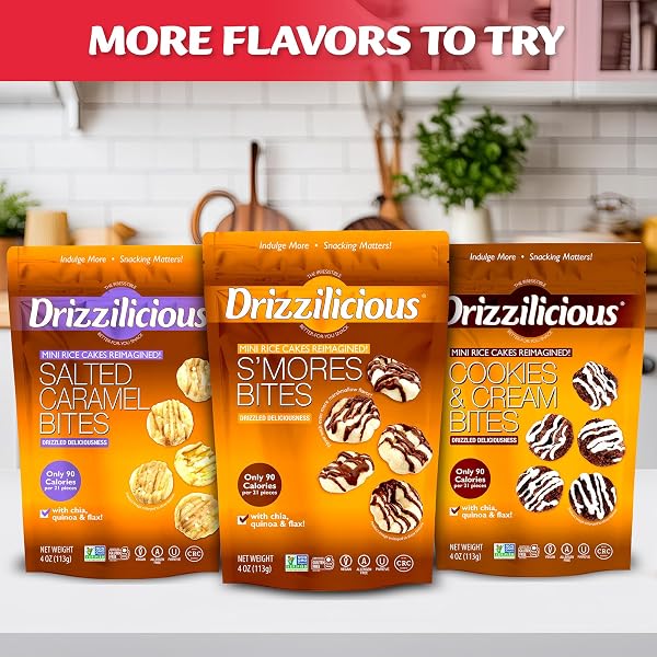 DRIZZILICIOUS MINI FLAVORED RICE CAKES CINNAMON SWIRL – RICE CRISPS, HEALTHY SNACK FOR ADULTS AND KIDS, VEGAN, GLUTEN FREE SNACK, ALLERGEN FREE, ONLY 90 CALORIES PER 21 PIECES – 4 OZ (PACK OF 1)