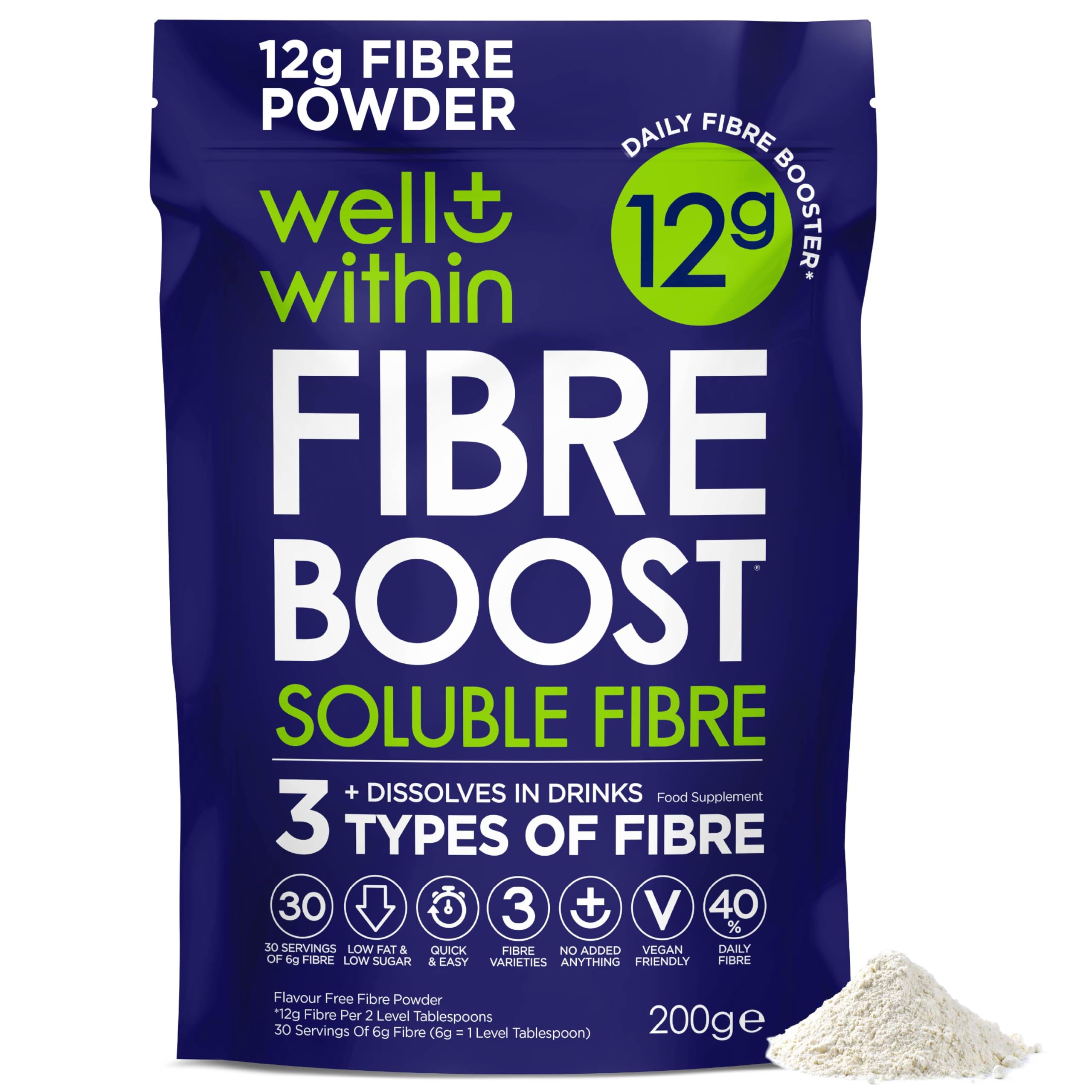 12g Soluble Fibre Supplement, 40% NHS Daily Intake, 3in1 Fibre Powder : Inulin Acacia FOS, 3 Types of Fiber. 200g Bag. 2 Servings =12g Fiber. Well Within, for Women, Men, Kids, Dissolves in Drinks