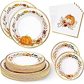 AcpopbM 200Pcs Thanksgiving Paper Plates and Napkins, Fall Disposable Dinnerware Set with Pumpkins Maple Leaves Paper Plates Napkins for Thanksgiving Fall Party Supplies