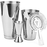 Boston Shaker 4 Piece Cocktail Making Set: 18oz Unweighted & 28oz Weighted Professional Bartender Cocktail Shaker Set with Double Jigger and Hawthorne Strainer/Cocktail Recipe Booklet