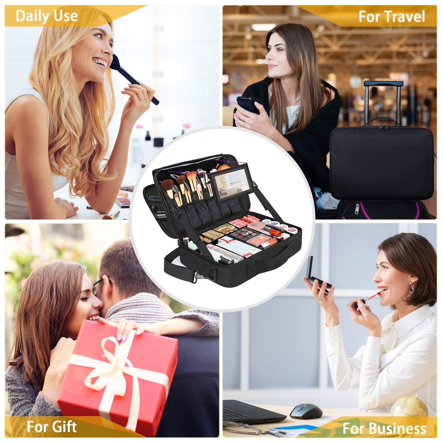 Large Travel Makeup Bag, Professional Cosmetic Makeup Train Case with Mirror, Waterproof Cosmetics Organizer Bag with Adjustable Divider Portable Makeup Storage Bag 16.5 Inch for women, Black : Beauty