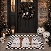 Drydiet 2 Pcs Halloween Door Mat Set, Ghost Happy Haunting Checkered Rug | Cute Ghost Design, Black White Checkered Layered, Fall Porch Entryway Decor, Non-slip for Indoor Outdoor Halloween