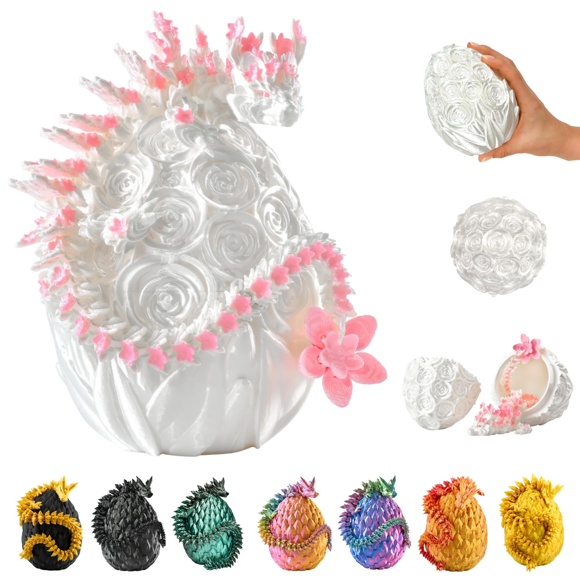 3D Dragon in Egg – 36 cm Figure with 12 cm Egg, Movable Fantasy Toy & Collectible Figurine for Kids (White/Pink)