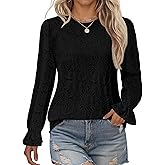 LOMON Lace Long Sleeve Tops for Women Fashion 2025 Eyelet Blouses Dressy Casual Crewneck Embroidered Shirts with Lining