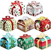 JOYIN 24 PCS 3D Christmas Goody Gift Boxes with Bow for Holiday Xmas Goodie Paper Boxes, School Classroom Party Favor Supply, 6” x 6” x 5.5” 8 Designs Candy Treat Cardboard Cookie Box for Gift Giving