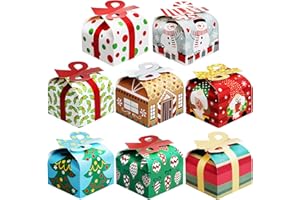 JOYIN 24 PCS 3D Christmas Goody Gift Boxes with Bow for Holiday Xmas Goodie Paper Boxes, School Classroom Party Favor Supply, 6” x 6” x 5.5” 8 Designs Candy Treat Cardboard Cookie Box for Gift Giving