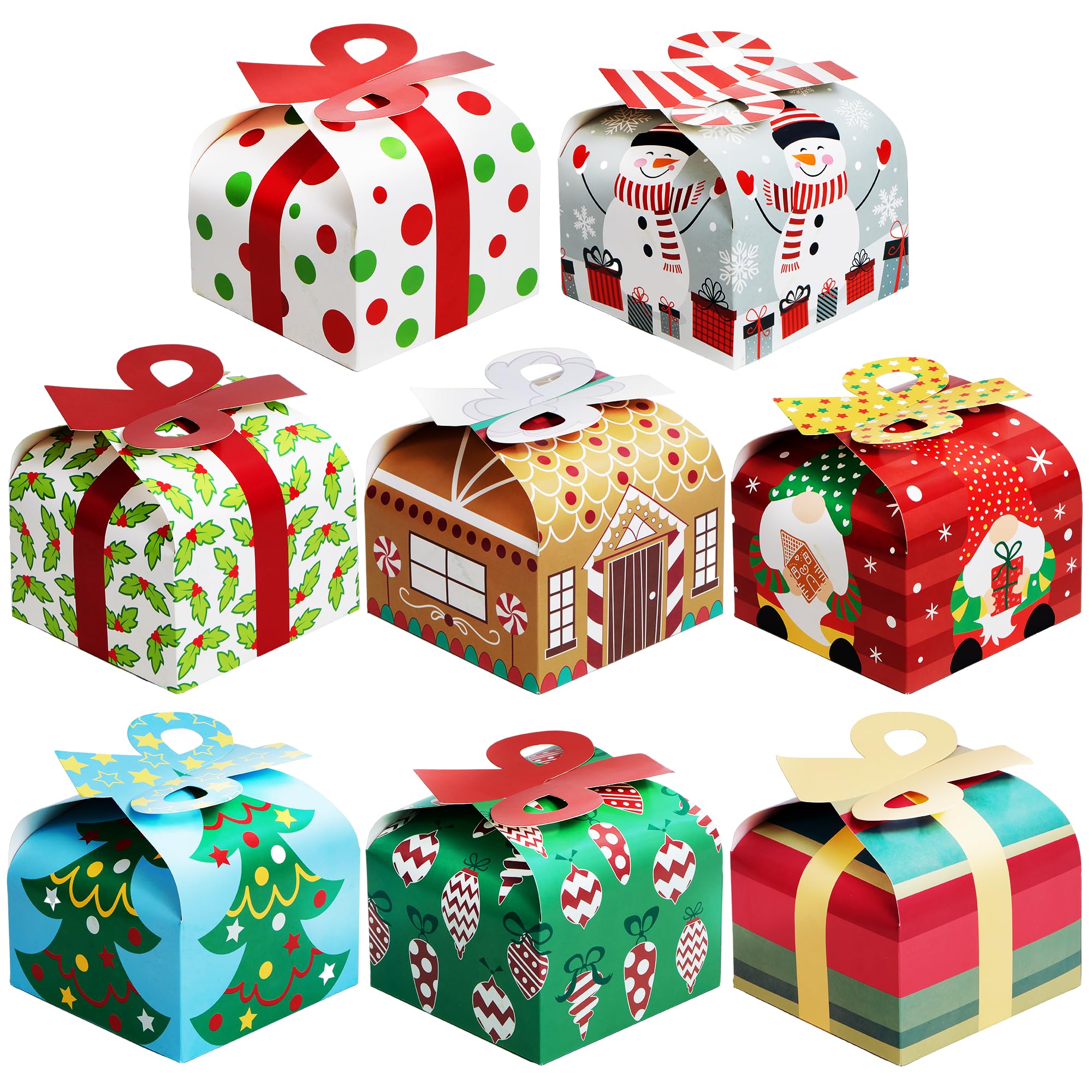 24 Pieces 3D Christmas Cardboard Treat Candy Sweet Boxes with Bow for Holiday Xmas Goody Paper Boxes, Candy Treat Cardboard Cookie Boxes, Christmas Party Favor, 15cm x 15cm x 14cm