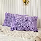 Memfydu Faux Fur Fluffy Pillowcases, Lavender Plush Shaggy Velvet Standard/Queen Size Pillow Cover Set of 2, Zipper Closure (20"x26", Lavender)