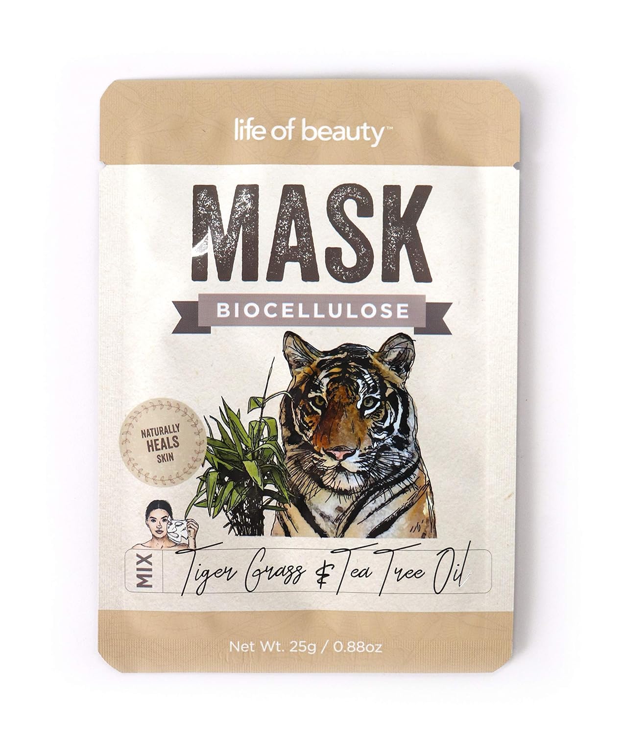 Life of Beauty Korean Face Masks, Biocellulose Korean Skin Care Facial Masks w/Collagen, 3 Pack Face Mask Set, Tiger Grass and Tea Tree Oil