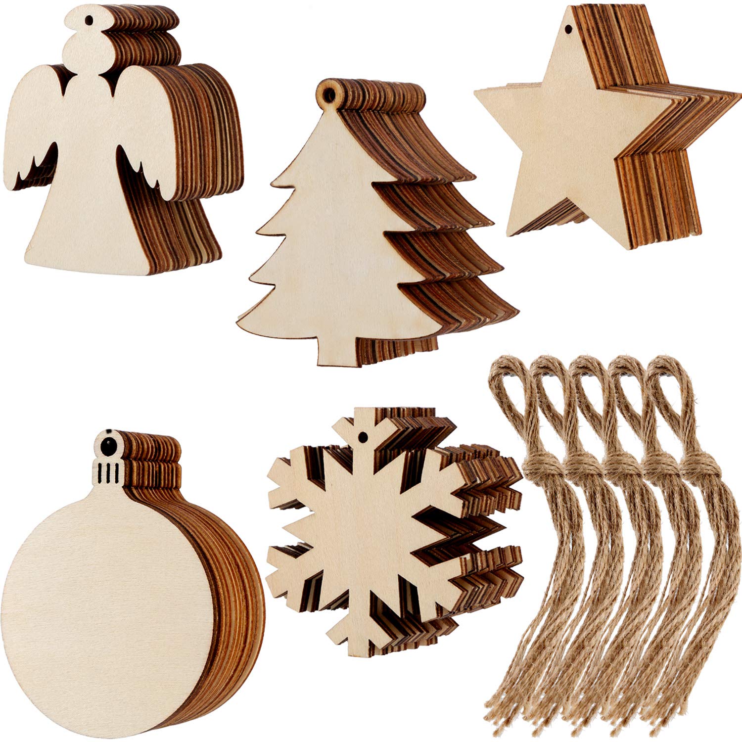 Tatuo 50 Pieces Christmas Wooden Ornaments Wood Snowflake Angel Star Christmas Tree Round Discs Decorations Hanging Embellishments with 50 Pieces Strings