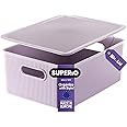 Superio Ribbed Collection - Decorative Plastic Lidded Home Storage Bins Organizer Baskets, Large Lilac Purple (1 Pack - 15 Liter) Stackable Container Box, for Organizing Closet Shelves Drawer Shelf