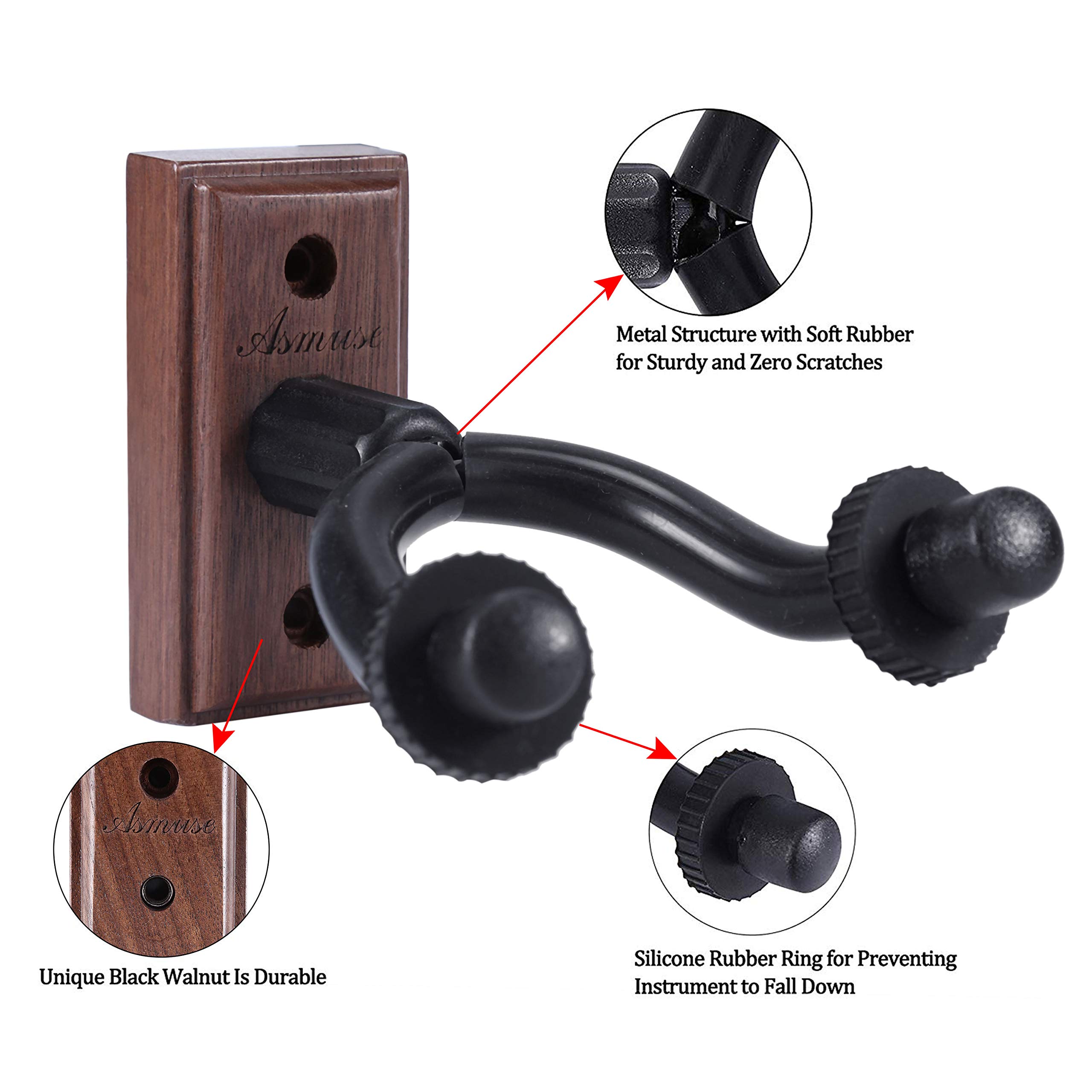 Asmuse™ Supporto Gancio Montaggio a parete Ganci Appendi Chitarra per Chitarra Elettrica/Basso / Elettrico/Ukulele / Violino (Noce Nera, 2 Pacco)