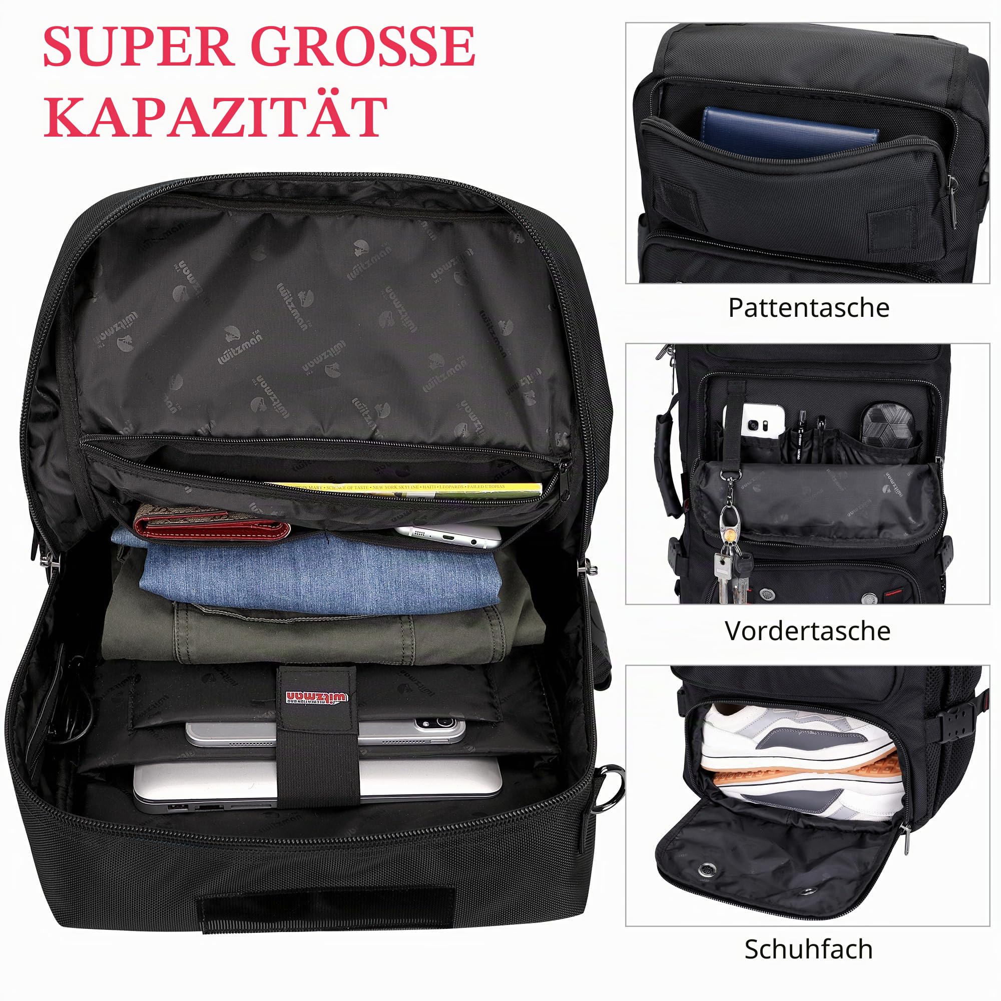 WITZMAN Reiserucksack Herren Groß Nylon Laptop Rucksack Fit 16 Zoll Reiserucksack Reisetasche mit Schuhfach für Flugzeug Reise(B682 Schwarz) 3