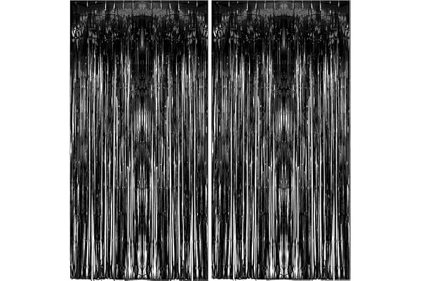 2 Pack Foil Curtain Backdrop Black Metallic Tinsel Foil Fringe Curtains Photo Booth Props for Birthday Wedding Engagement Baby Shower Bachelorette Christmas Holiday Celebration Party Decorations