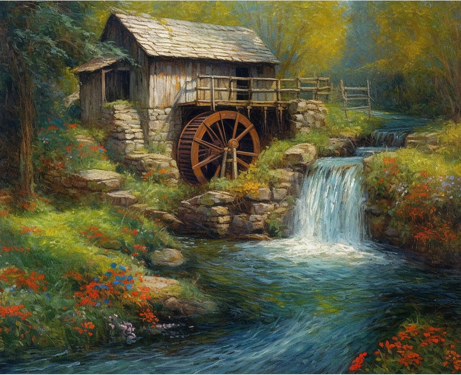 Paintings - Tucocoo Waterfalls Scenery Paint by Numbers Kits 16x20inch Canvas DIY Digital Oil Painting for Adults with Brushes and Acrylic Pigment - Forest Log Cabin Waterwheels Artwork for Home Decor(Frameless)