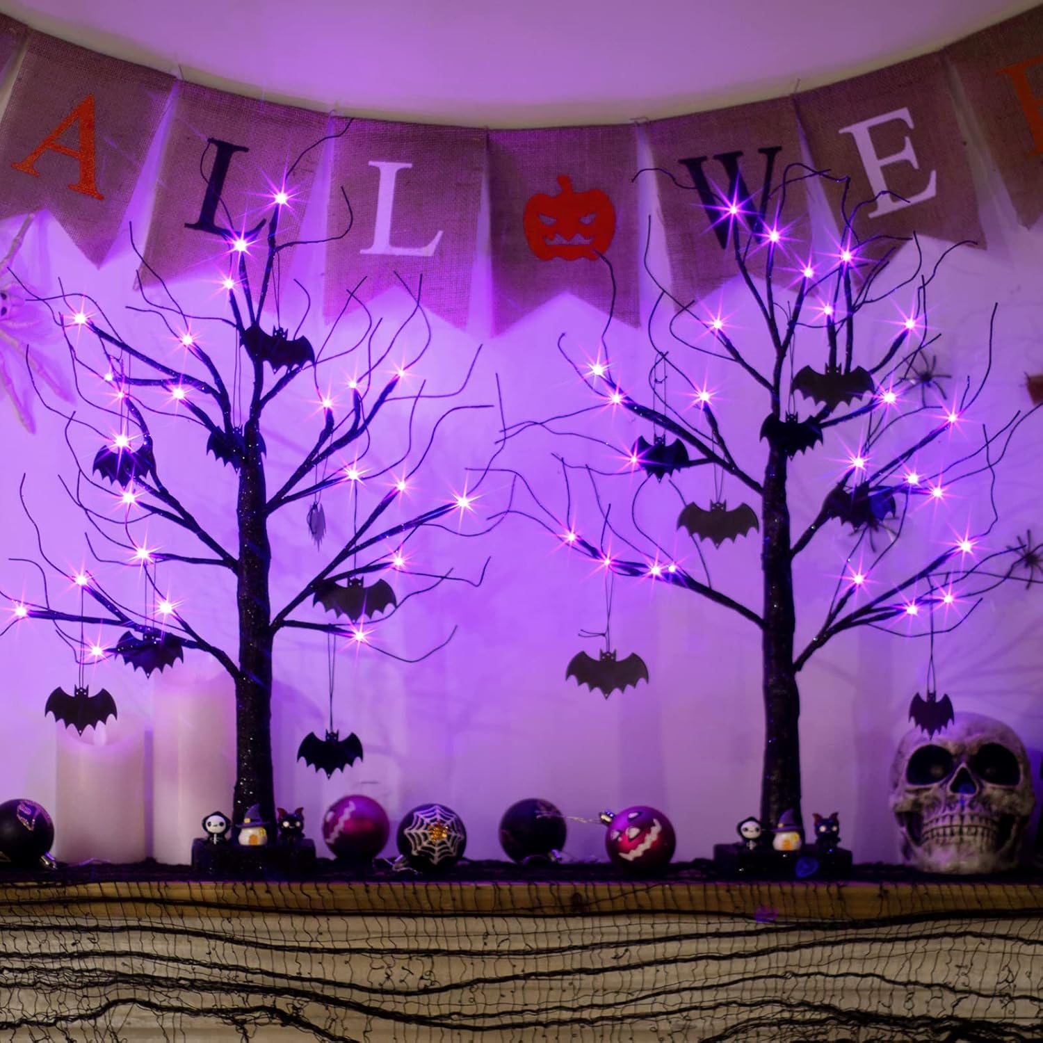 Trees - EAMBRITE Halloween Tree, Black Halloween Decorations Indoor, 2FT Spooky Tabletop Trees Battery Operated with 24LED Purple Lights 8 Bat Ornaments, Halloween Centerpieces for Tables, Home, Room(2 Pack)