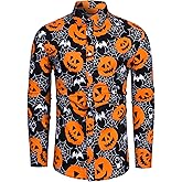 fohemr Mens Funny Halloween Shirt Ugly Pumpkin Long Sleeve Casual Button Down Shirts Adult Costume for Party