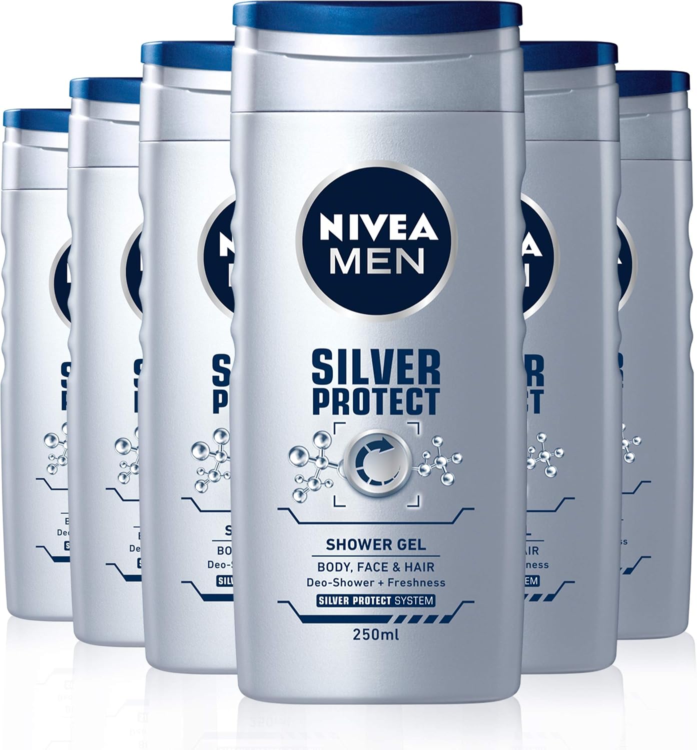 NIVEA MEN Silver Protect Shower Gel Pack of 6 (6 x 250ml), Anti-Bacterial Body Wash with Silver Ions