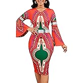 Women Sexy Dresses Bodycon Church 3/4 Sleeve African Print Pencil Party Office Dress Work with Split