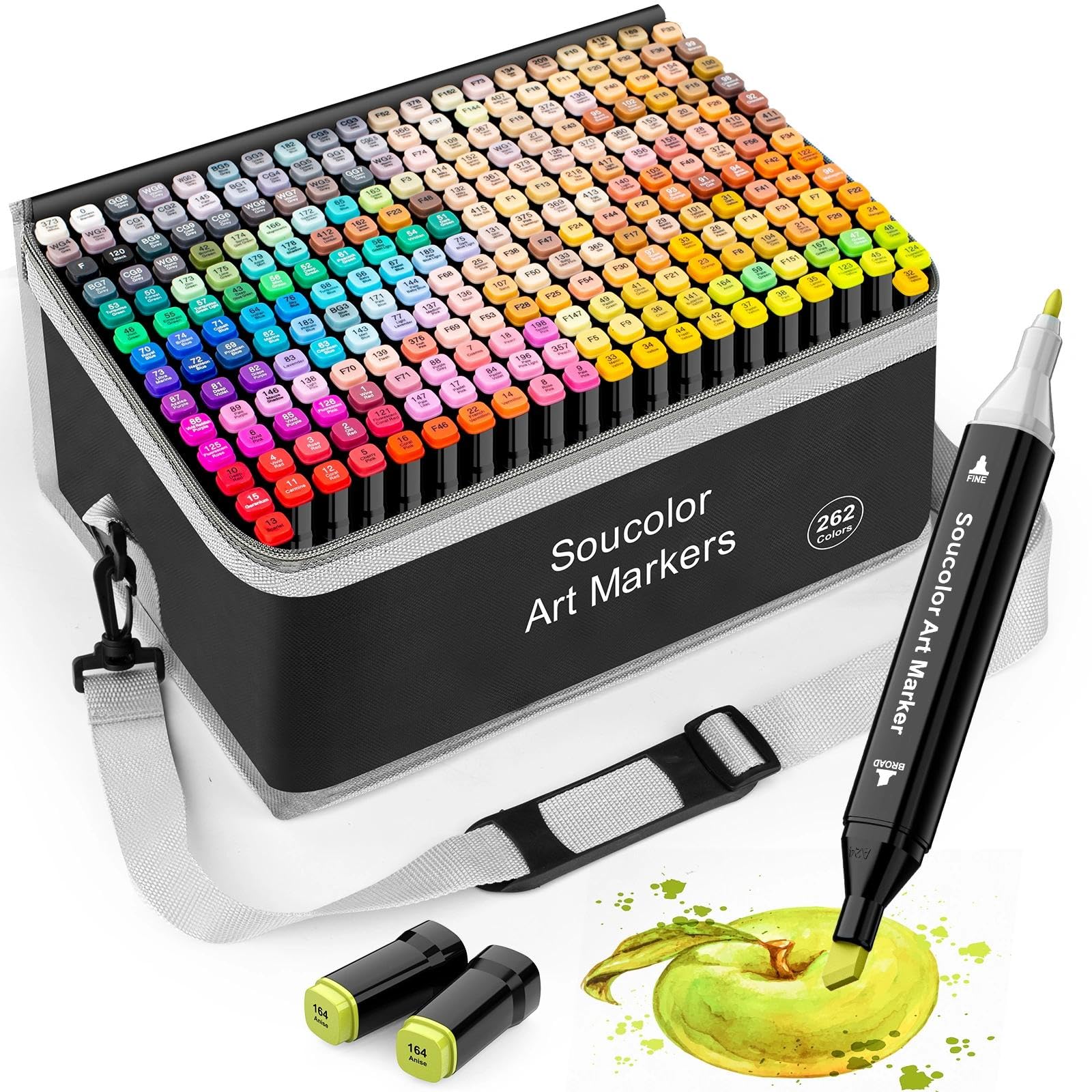 Soucolor Alcohol Markers 262 Colors with Case & Holders, Dual Tips Chisel & Fine Art Markers for Adult Coloring Kids Drawing, Artist Markers Art Supplies for Blending Sketching Image