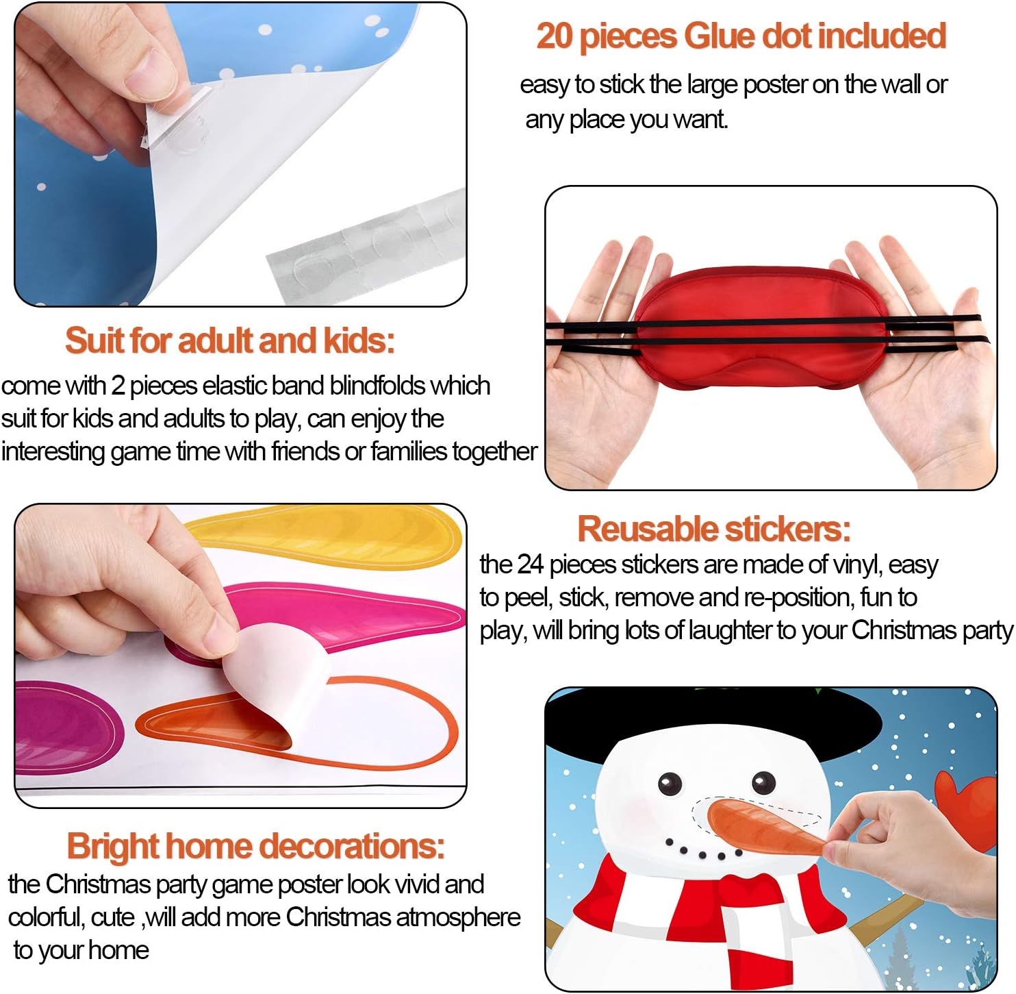 Gejoy Christmas Party Pin Games Set Pin The Nose on The Snowman Pin The Beard on The Santa Claus Pin The Nose on The Reindeer for New Year Xmas Party Supplies(Snowman) - Image 4