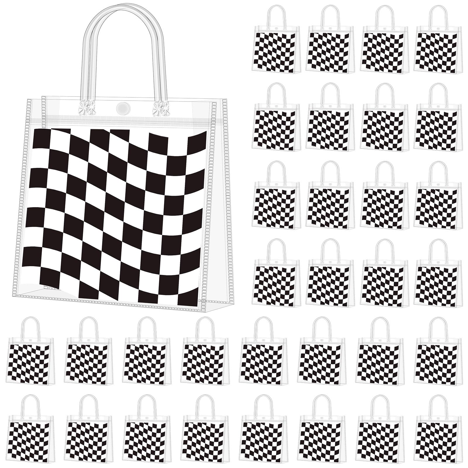 Photo 1 of Supervitae 36 Pcs Checkered Racing Clear Favor Bags with Handle Reusable Plastic PVC Gift Bag Race Car Goodies Treats Wrap Totes for Birthday Wedding Graduation Party Supplies, 8 x 8 x 3.15 Inch