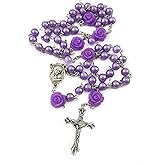Nazareth Store Catholic Purple Pearl Beads Rosary Necklace 6mm Holy Soil Medal & Cross