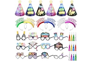 DPKOW Neon New Year's Eve Party Supplies 2026, Black Gold Silver New Year Party Glasses Headbands Happy New Year Cone Hats