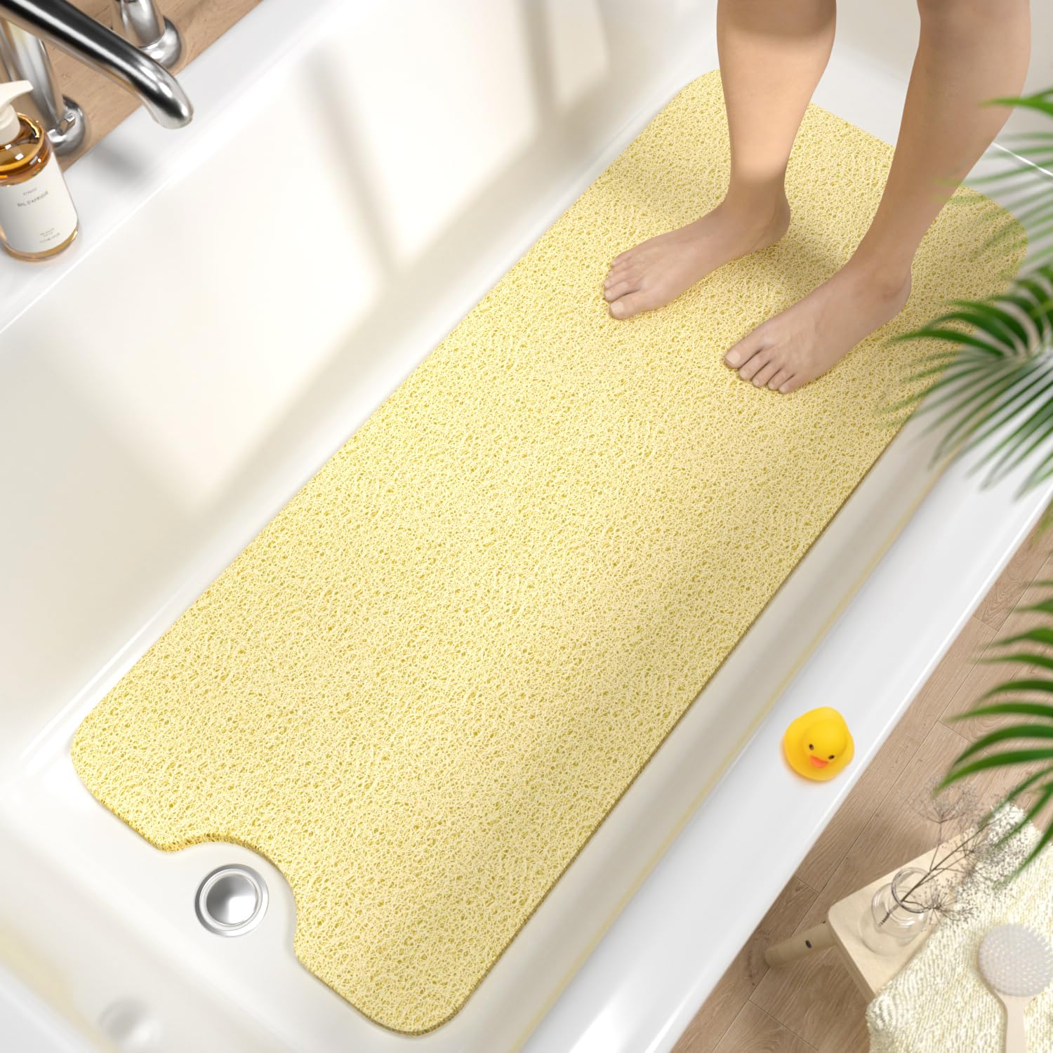 HITSLAM Non Slip Bath Mat 100 x 40 cm, Extra Long Shower Mats for Inside Shower, Soft PVC Loofah Bathtub Mat with Drain, Quick Drying shower mat for Wet Area, Without Suction Cup, Beige